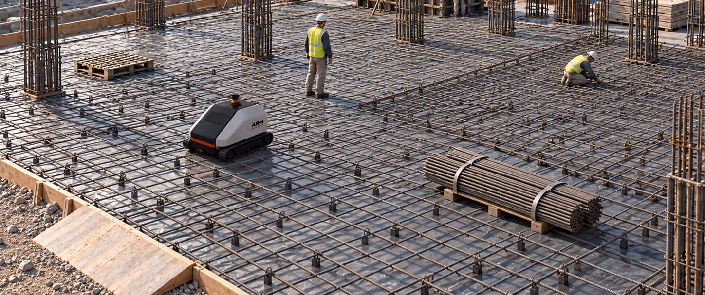 GRID tying rebar on a large mat while crew members work nearby.