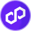 Polygon blockchain logo with two interlocking hexagons on a purple shield background.