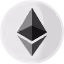 Ethereum logo with a dark gray diamond shape made of two mirrored triangles inside a light gray circular background with polygonal facets.