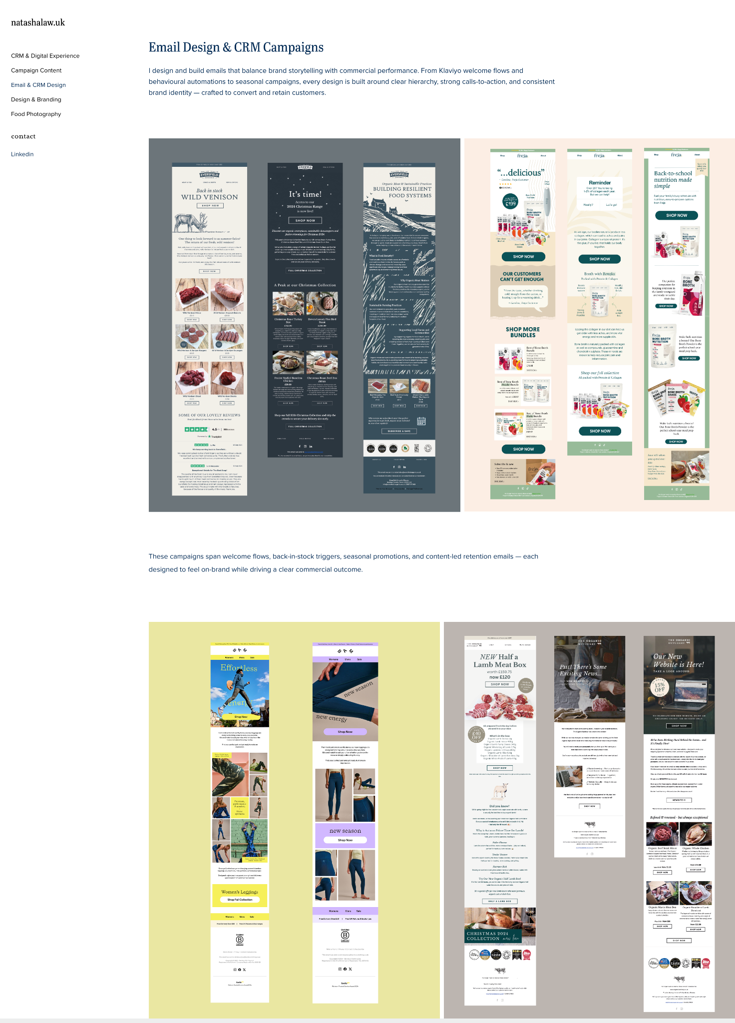 Selected email campaign designs for Eversfield Organic, The Organic Butchery, Freja and BAM