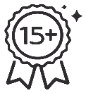 Icon of a ribbon badge with '15+' inside, symbolizing over 15 years of experience or expertise.