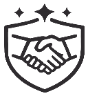 Icon of two hands shaking inside a shield with three sparkle symbols above it, representing trust and security.