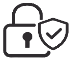 A black outline of an unlocked padlock with a shield containing a checkmark in front, symbolizing security or verified protection.