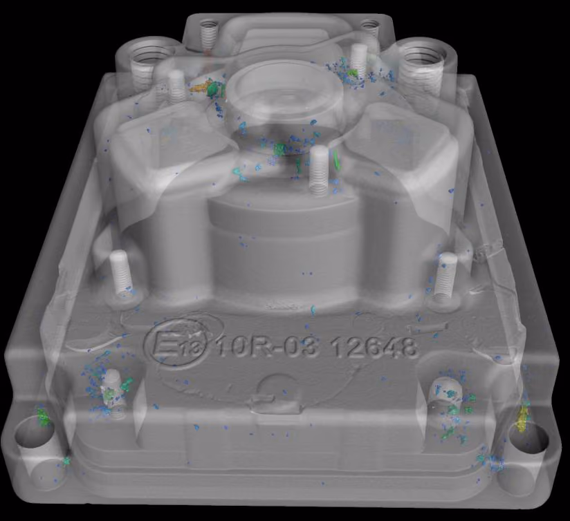 3D CT volume of an aluminium foundry part with porosity indications