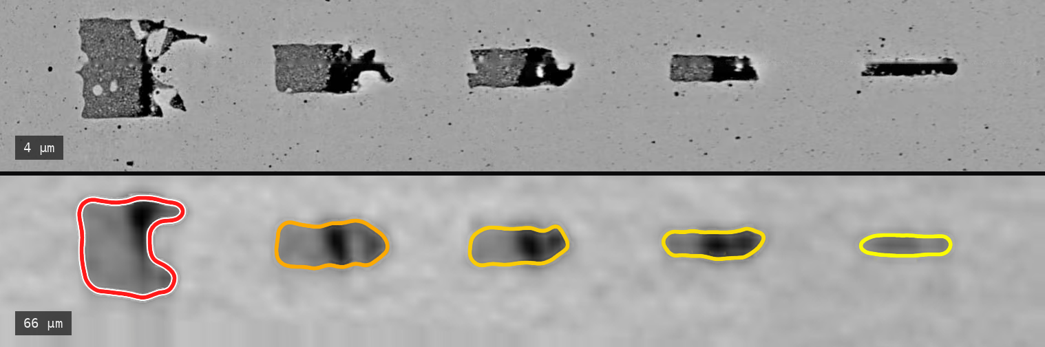 The same calibrated reference defects in an ALM IQI, scanned at 4 µm (top) and at 66 µm (bottom)