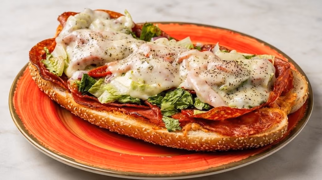 Open sandwich on sesame seed bread topped with pepperoni slices, fresh green lettuce, melted cheese, and sprinkled with black pepper on an orange plate.