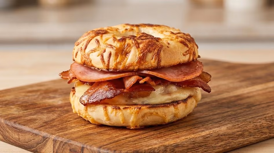 Toasted cheese bagel sandwich with slices of ham, bacon, and melted cheese on a wooden board.