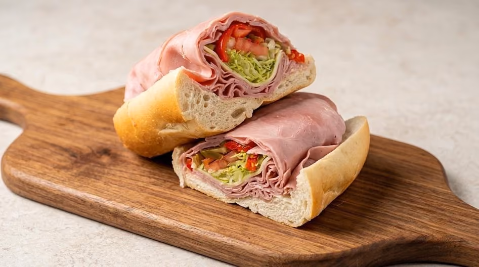 Ham sandwich cut in half showing layers of ham, lettuce, tomato, and red pepper on a white bread roll, served on a wooden cutting board.