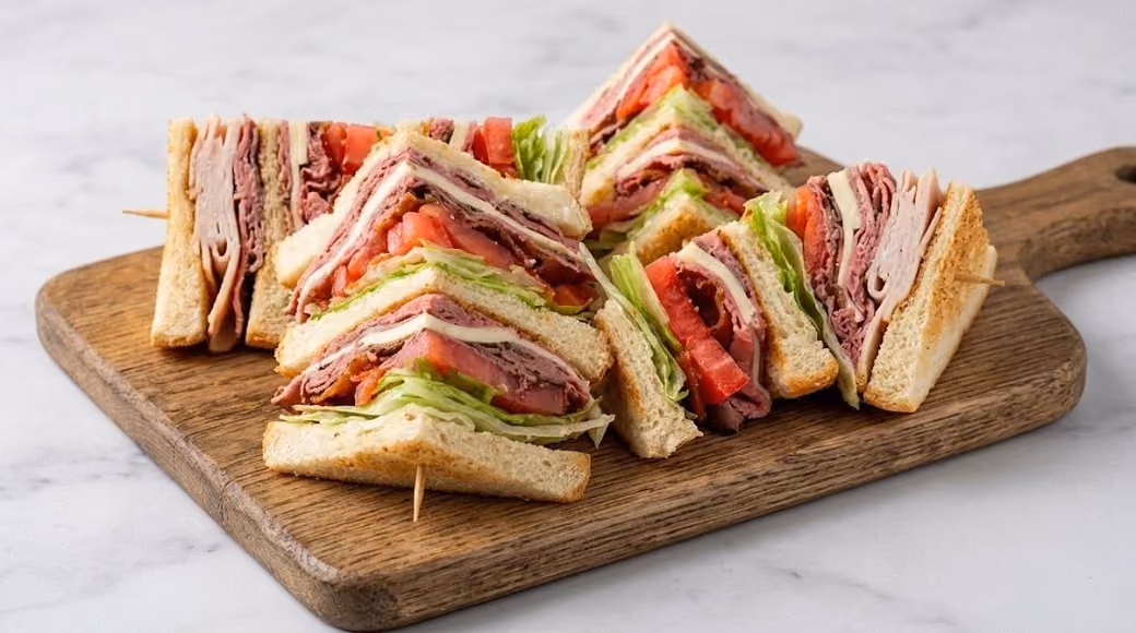 Club sandwiches with layers of turkey, ham, lettuce, tomato, and bacon on toasted bread, served on a wooden cutting board.