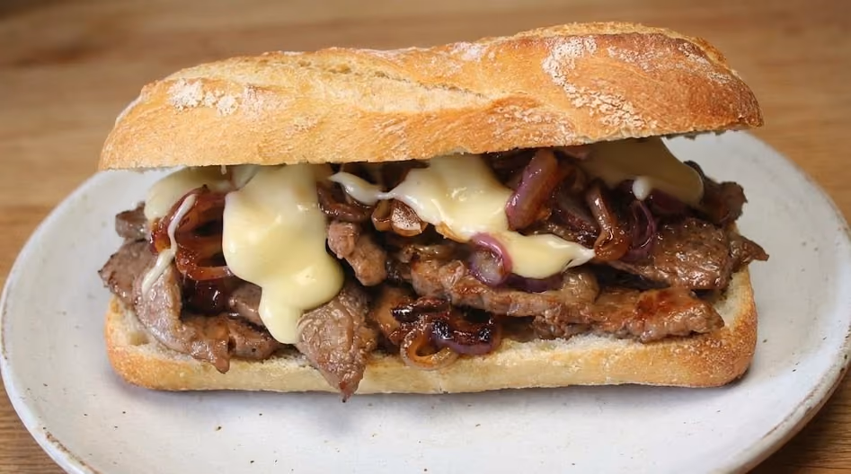 Sandwich with grilled steak strips, melted cheese, and caramelized onions on a crusty baguette, served on a white plate.