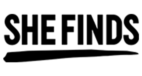 Black bold text reading 'SHE FINDS' with a thick underline beneath.