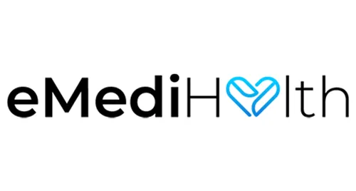 eMediHealth logo with a stylized blue heart symbol replacing the letter 'a'.