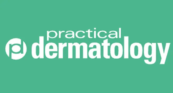 "Practical Dermatology" logo with a stylized 'p' symbol on a green background.