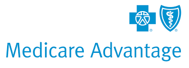 Blue Cross Blue Shield Medicare Advantage logo with blue cross and shield icons.