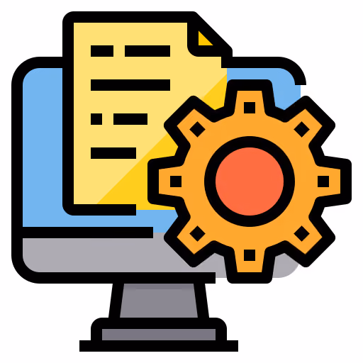 Icon of a computer monitor with a document on the screen and a gear symbol in front, representing account setup or configuration.