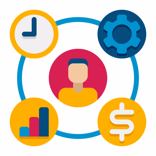Central user icon surrounded by four circular icons: clock symbol, gear representing settings, bar chart for analytics, and dollar sign for finance.
