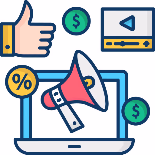 Illustration of a laptop displaying a red megaphone, surrounded by a thumbs-up icon, a percentage symbol, dollar signs, and a video play button, representing digital marketing and promotion.