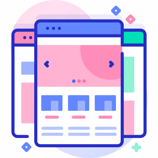 Illustration of three overlapping stylized web browser windows with navigation arrows and content blocks.