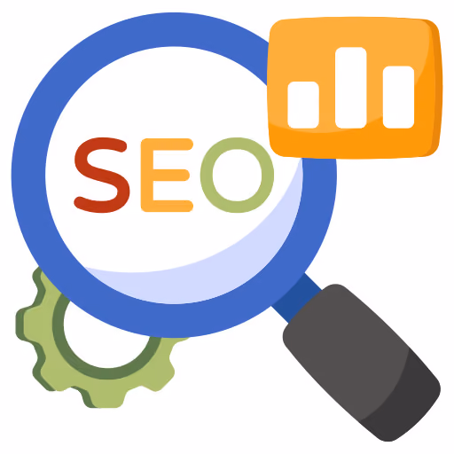 Blue magnifying glass highlighting the multicolored text 'SEO' with a green gear and an orange bar chart icon in the background, symbolizing SEO optimization and analytics.
