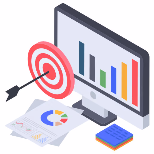 Isometric illustration of a computer monitor displaying a colorful bar chart, a red and white target with an arrow hitting the center, sheets with pie and line charts, and a stack of multicolored sticky notes, representing marketing strategy and data analysis.