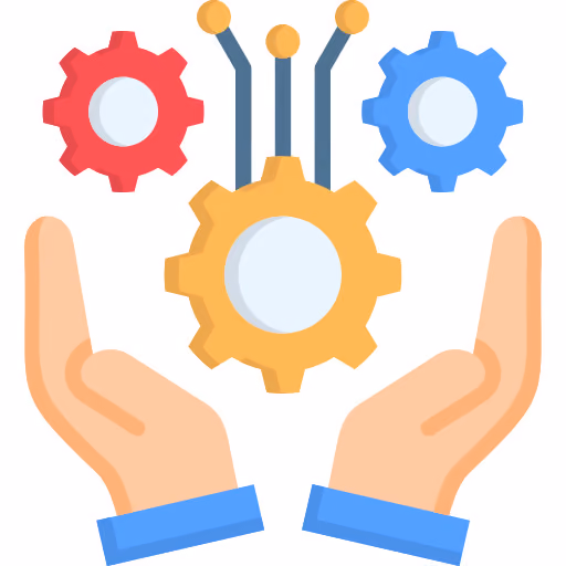 Two open hands facing upward with three floating gears above them connected by lines, symbolizing support and connection for technical or mechanical processes.