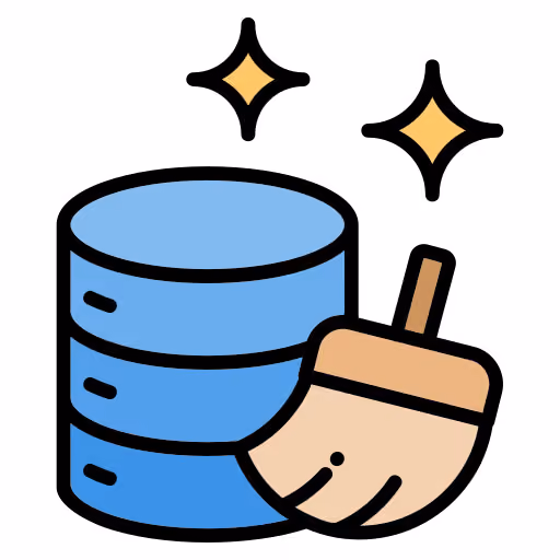 Icon of a blue database cylinder with a brown broom in front and two sparkles above, symbolizing data cleaning or database maintenance.