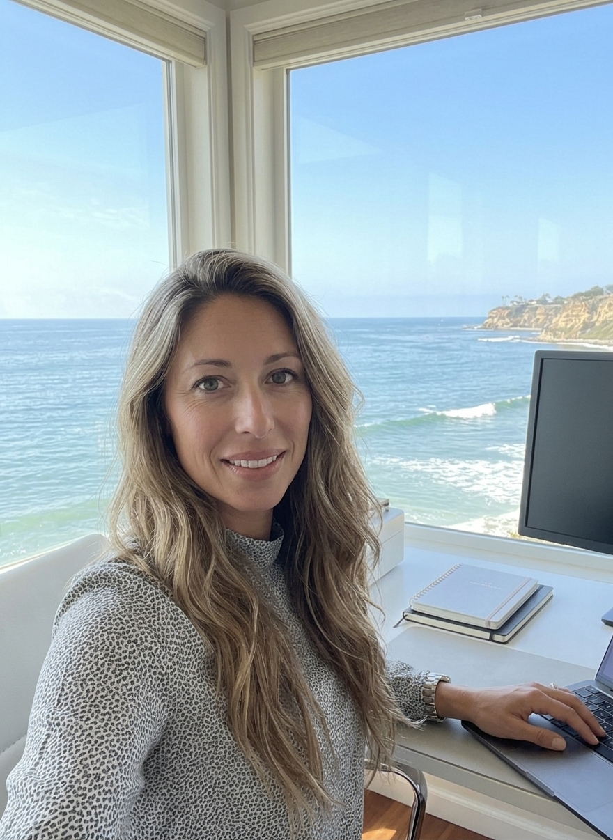 Woman with long light brown hair wearing a gray patterned top sitting at a desk with a laptop and notebooks, smiling, with a large window behind her showing a clear view of the ocean and cliffs under a blue sky.