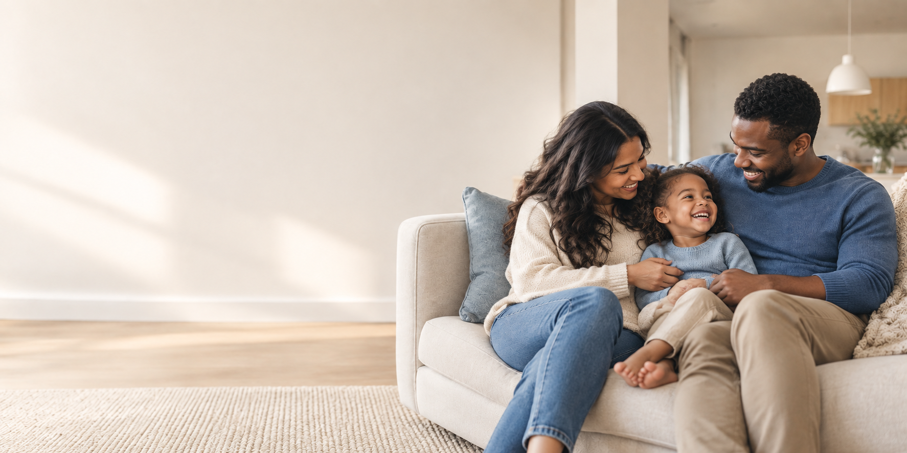 A smiling family of three sitting on a beige couch in a bright living room; a woman and man lovingly interact with their young child who is joyfully laughing.