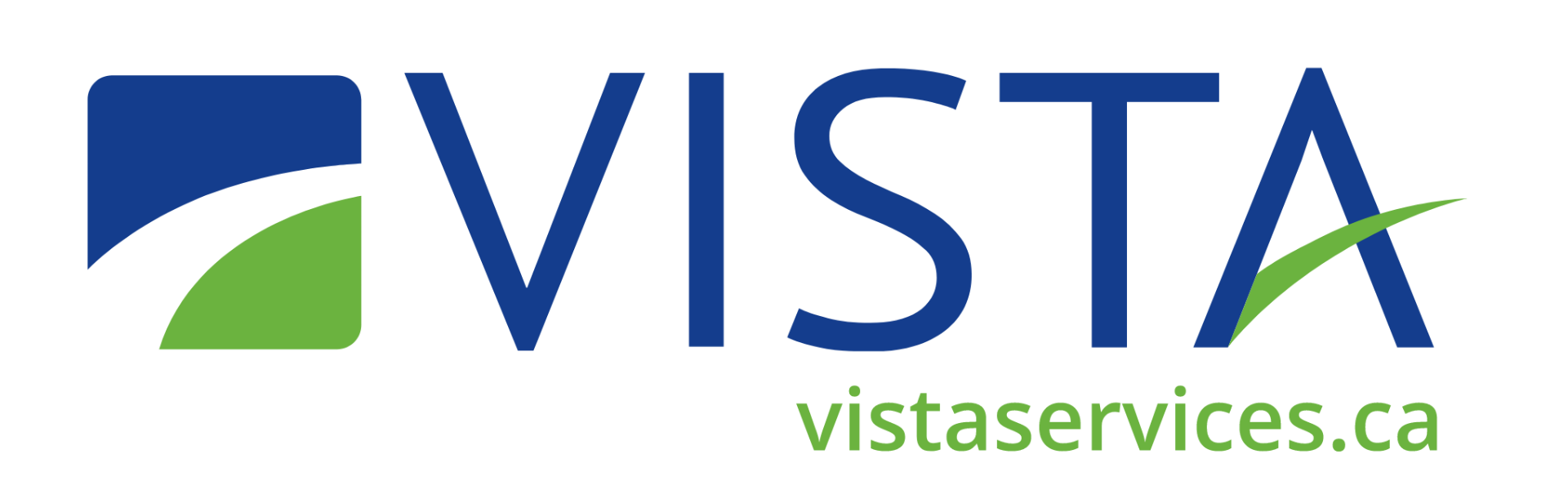 Logo with a blue and green abstract square icon next to the word VISTA in blue uppercase letters, and the website vistaservices.ca in green lowercase letters below.