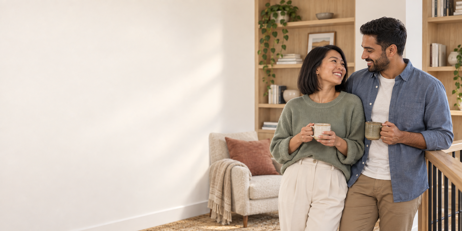 Smiling couple standing indoors holding coffee mugs, with a cozy armchair, cushions, a throw blanket, and wooden bookshelves with plants and decor in the background.