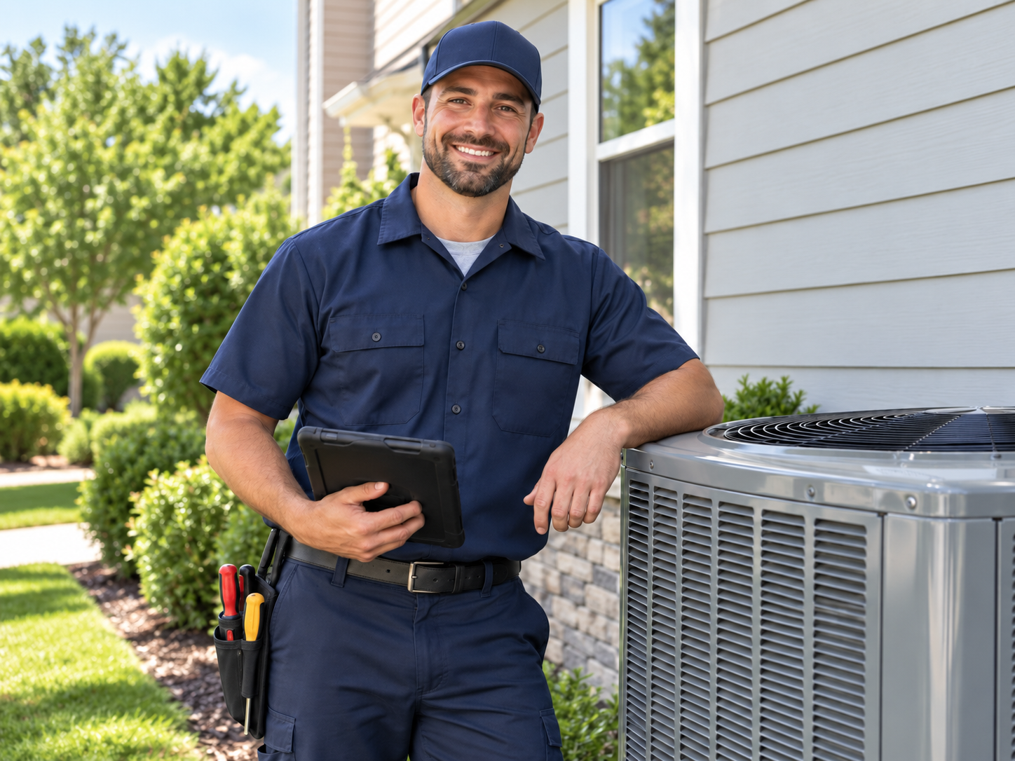 Smiling HVAC technician in navy uniform and cap standing next to an outdoor air conditioning unit, holding a tablet with tools in his belt outside a home on a sunny day.