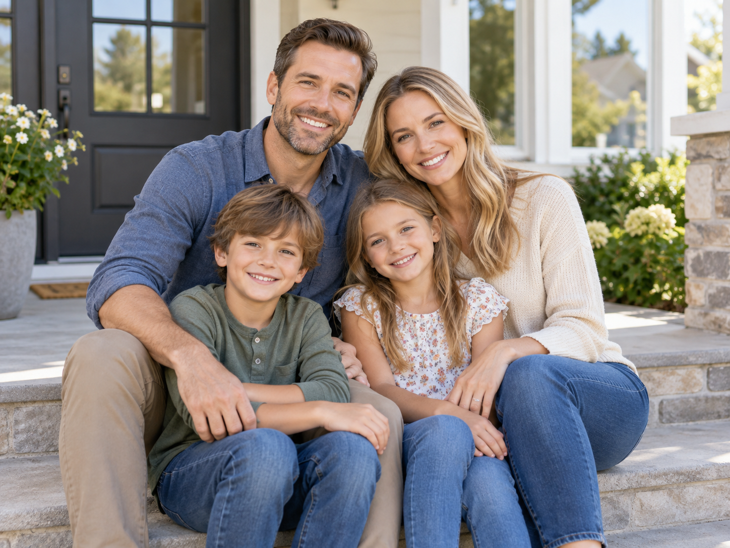 Smiling family of four sitting together on front porch steps: father in blue shirt, mother in cream sweater, son in green shirt, and daughter in floral top and jeans.