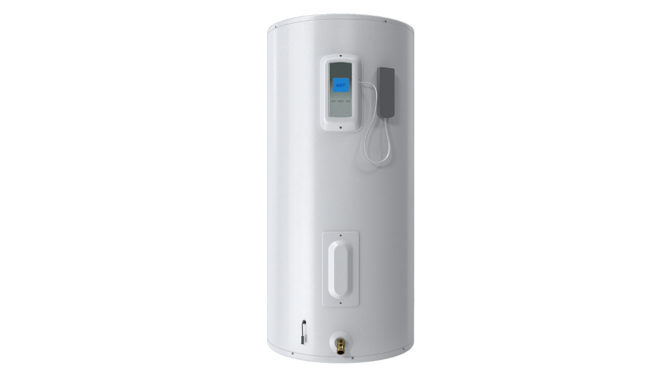 White electric water heater tank with a digital control panel displaying OFF on a blue screen mounted near the top and a cable connected to a rectangular gray device on the side.