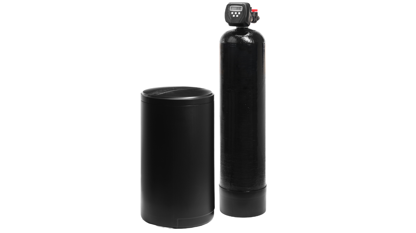 Black water softener system with a tall cylindrical tank featuring a digital control head and a shorter cylindrical brine tank with a closed lid.