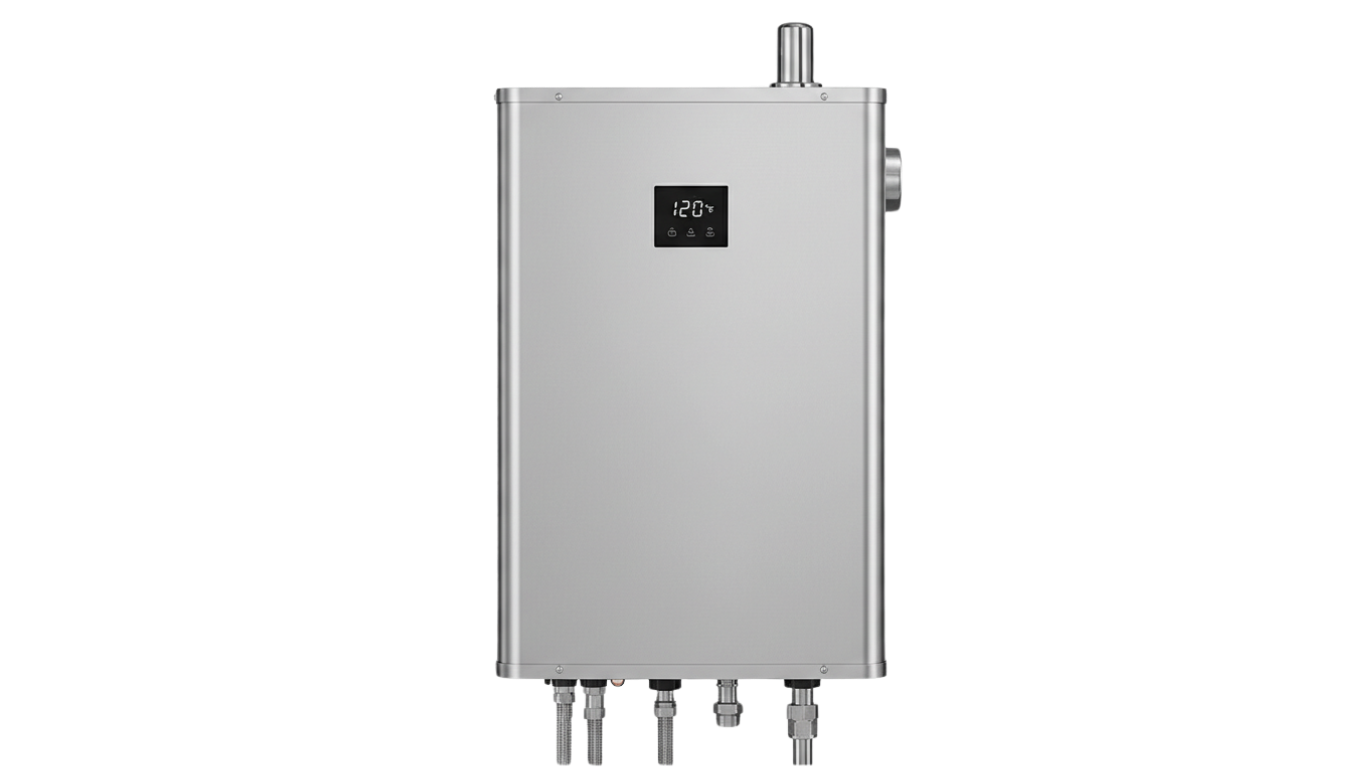 Metallic rectangular tankless water heater with a digital display showing temperature set to 120°F and multiple pipe connections at the bottom.