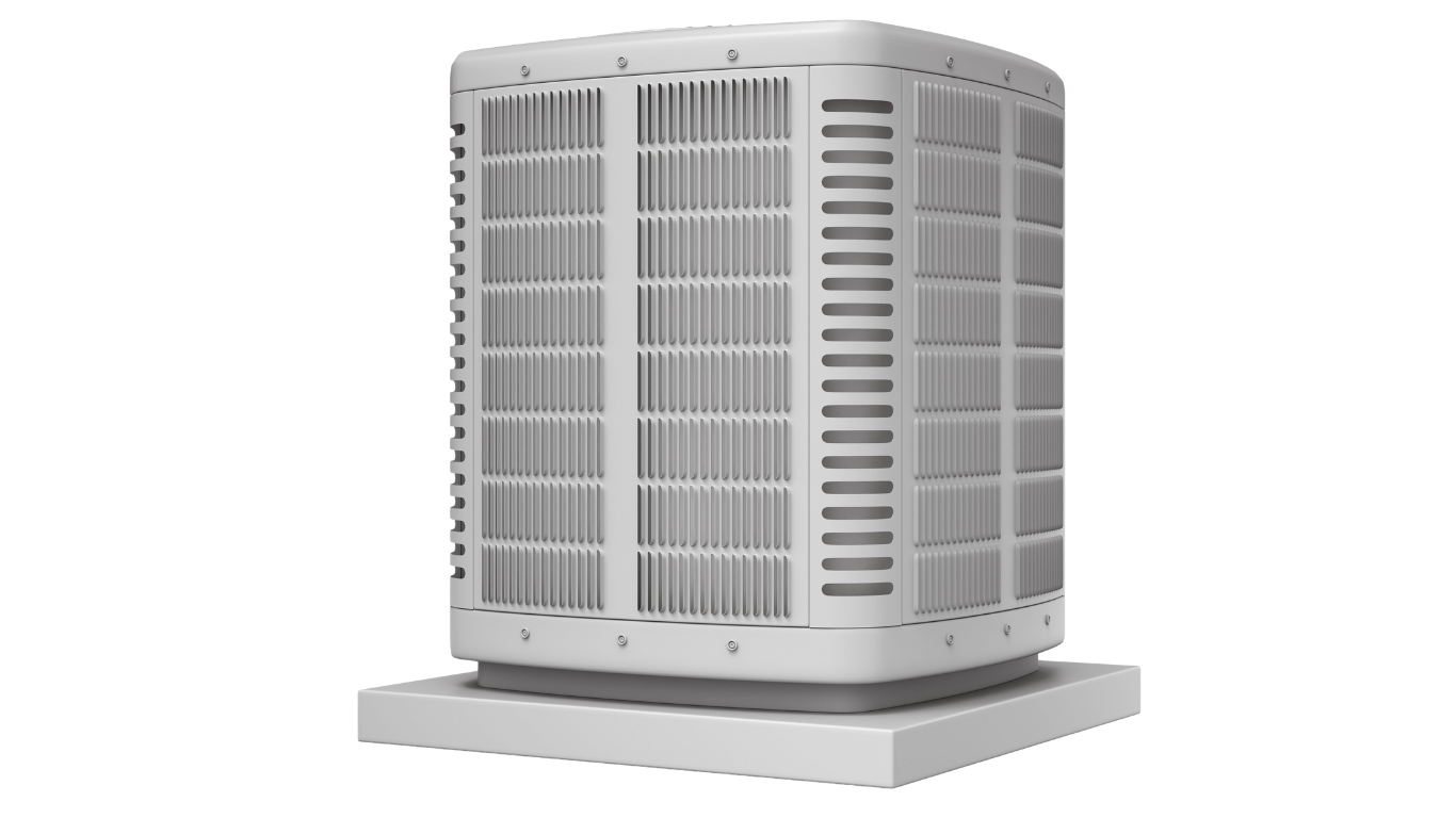 A gray outdoor HVAC air conditioning unit mounted on a concrete base, viewed from a corner showing ventilation grilles on three sides.