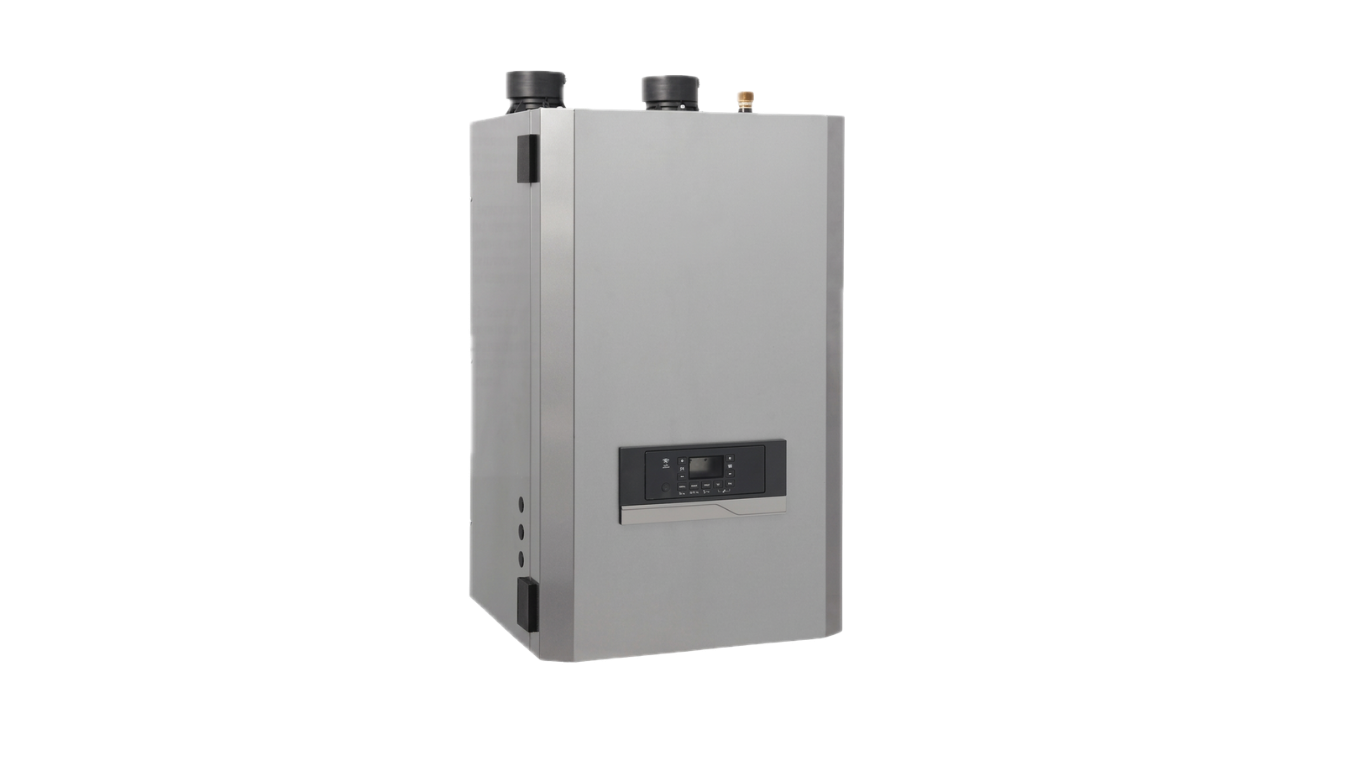 Modern gray boiler unit with attached copper pipes, a black pump, a pressure gauge, an expansion tank, and a digital control panel.