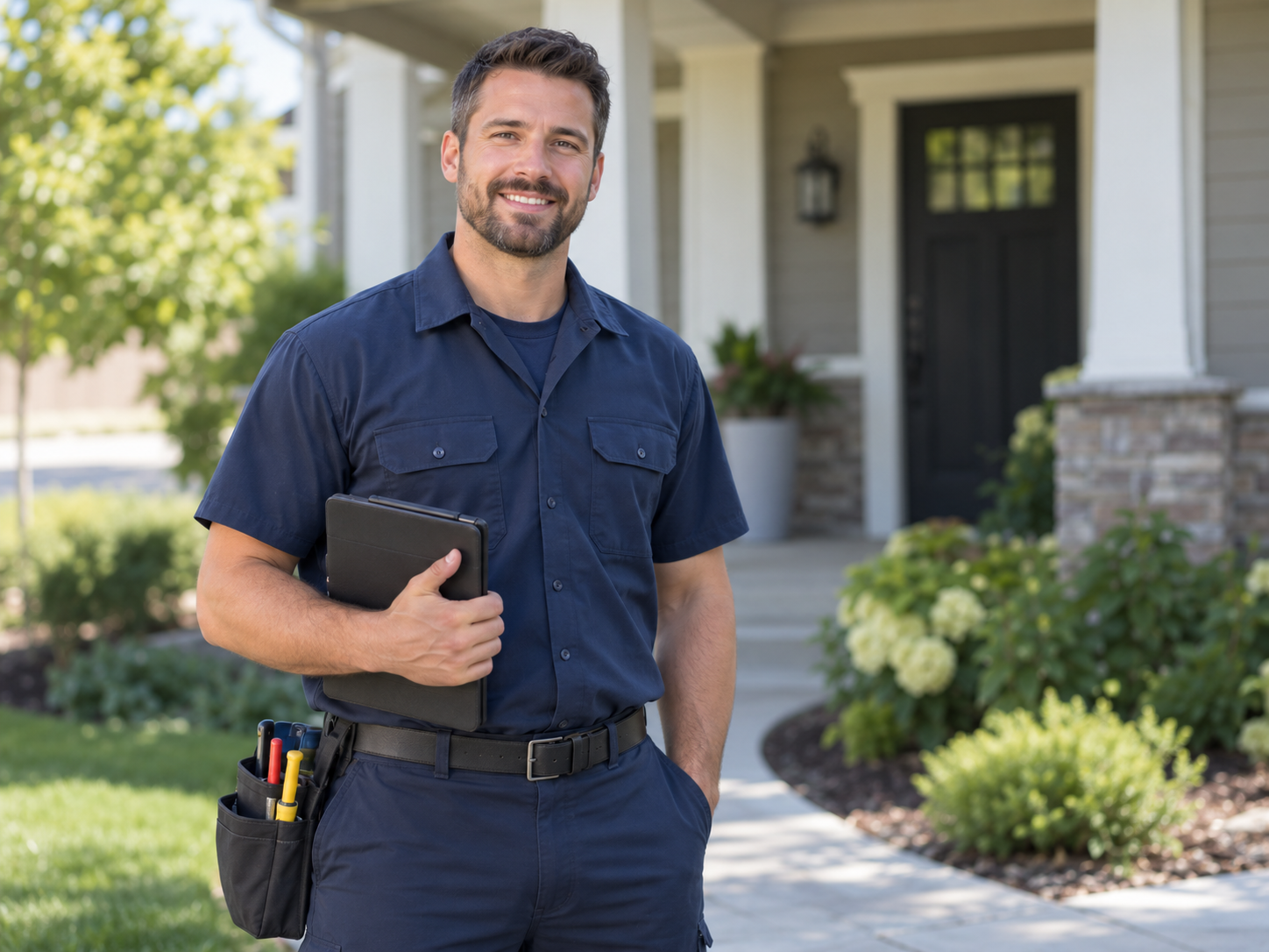 Smiling male contractor standing outside a house with a tablet in one hand and tools in a belt pouch, wearing a navy work uniform.