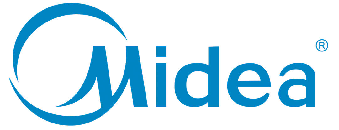 Midea company logo with stylized blue letter M encircled by a curved line.