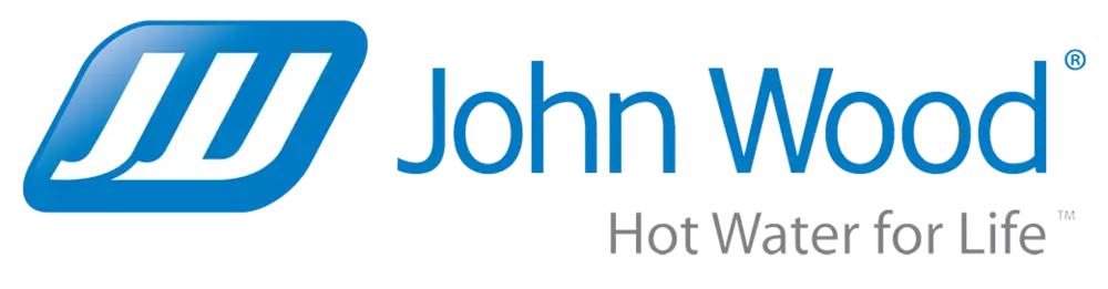 John Wood logo with stylized JJ in blue box followed by text 'John Wood' and slogan 'Hot Water for Life'.