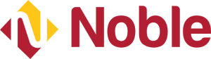 Noble company logo with a stylized yellow and red emblem to the left of the word Noble in red text.