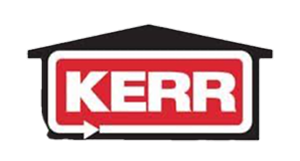 KERR logo in white uppercase letters inside a red rectangle shaped like a stylized house with a black roof.