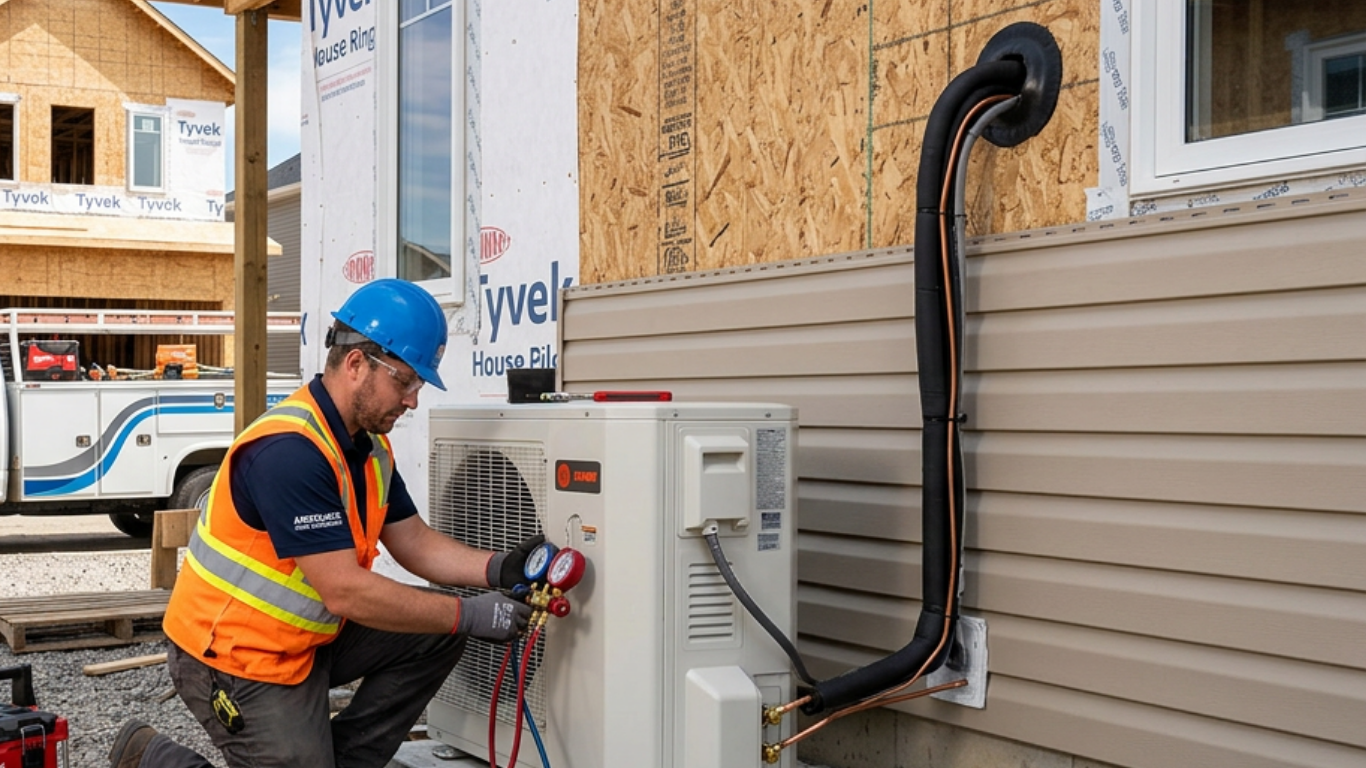 Technician wearing a blue hard hat, orange safety vest, and gloves is kneeling and adjusting gauges on a white outdoor HVAC unit mounted on the side of a partially constructed house covered with Tyvek and siding.