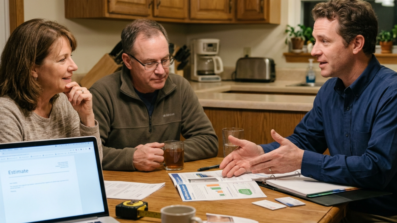 A man in a blue shirt discussing documents with a couple at a kitchen table; the couple listens attentively with the man holding a cup and the woman smiling. A laptop showing an estimate document is open on the table along with papers, a measuring tape, and a coffee mug.