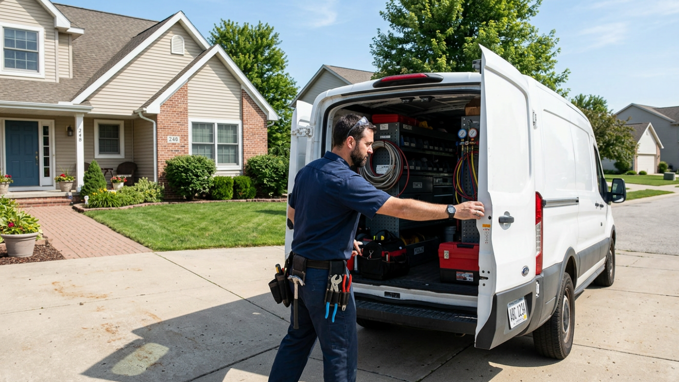 A man in a blue uniform with a tool belt is opening the back door of a white work van parked in a residential driveway on a sunny day.