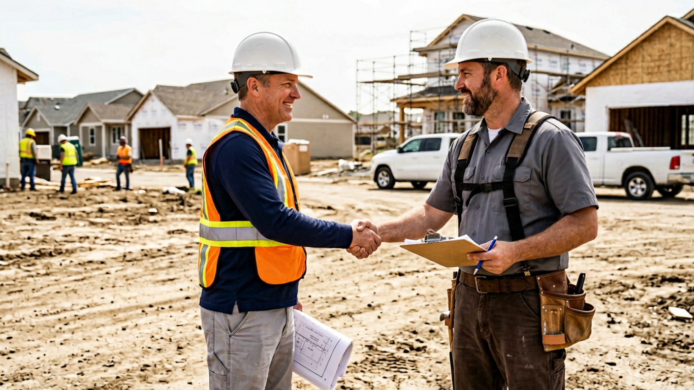 Two construction workers wearing hard hats shaking hands at an outdoor residential construction site with houses and trucks in the background. One worker wears an orange safety vest and holds building plans, while the other wears a gray shirt, tool belt, and holds a clipboard and pen.