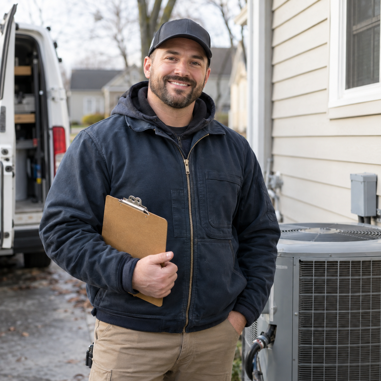 HVAC contractor holding clipboard looking at camera smiling.