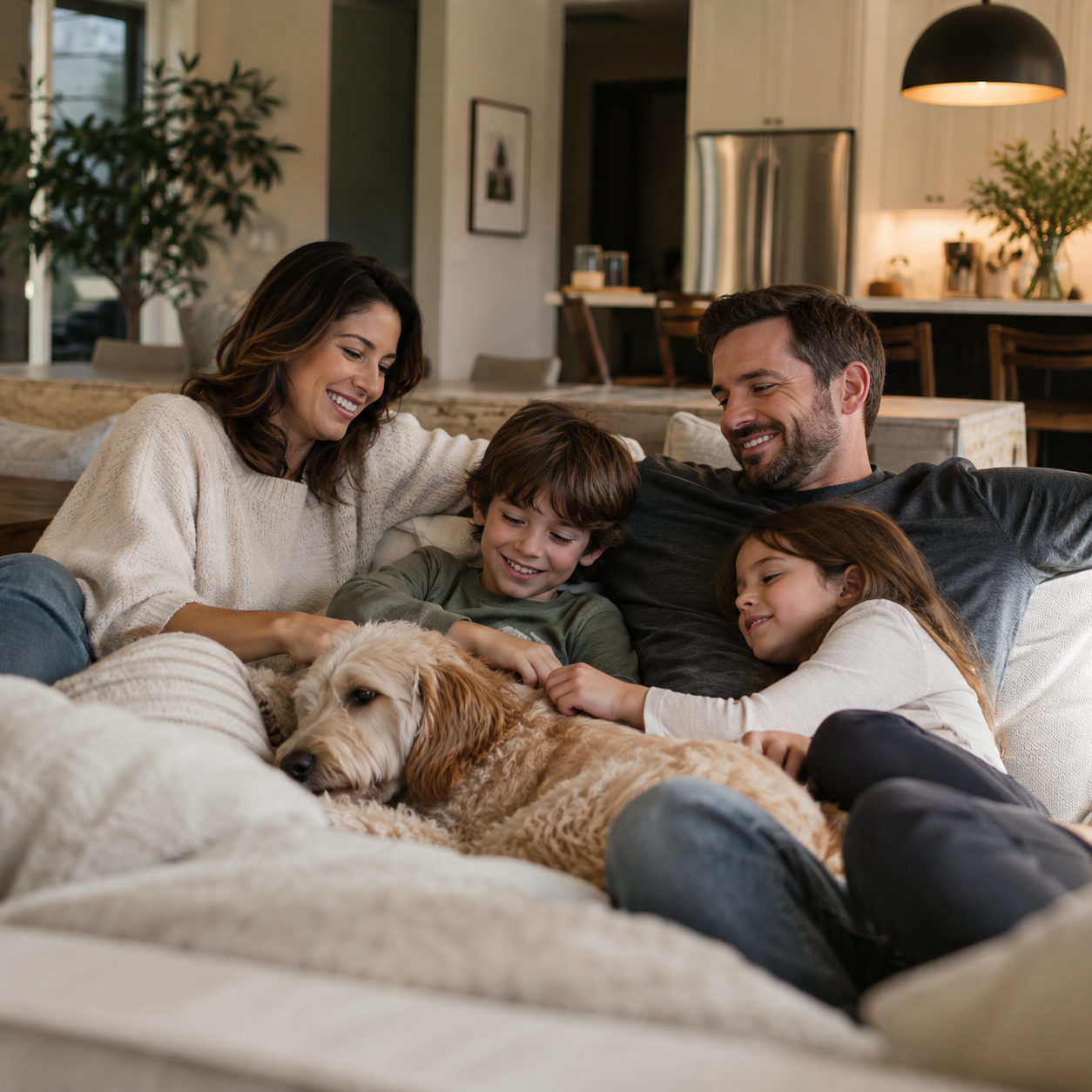 Happy family inside home.