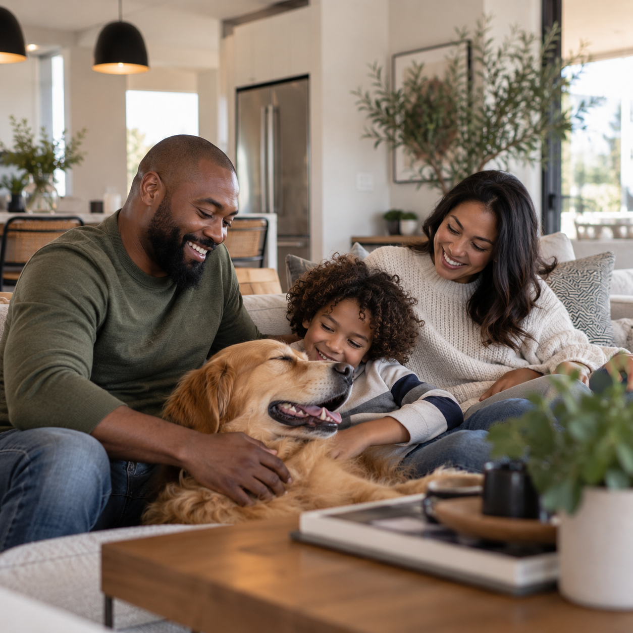 Happy family sitting in nice home.