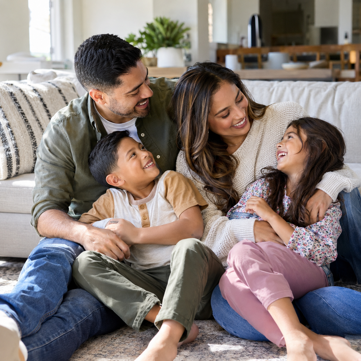 Happy family sitting in nice home.